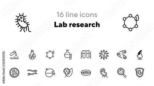 Lab research line icon set. Bacteria, virus, test tube, microscope. Science concept. Can be used for topics like medicine, laboratory, chemistry, microbiology