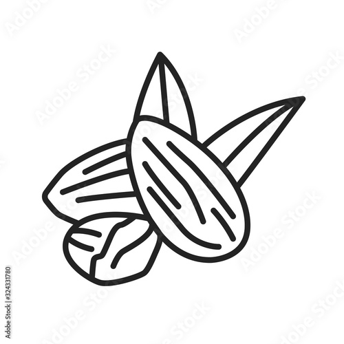 Almond black line icon. Nuts with leaves. Pictogram for web page, mobile app, promo. UI UX GUI design element. Editable stroke.