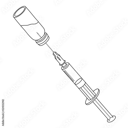Fill the syringe with the solution from the vial. Vector illustration. Outline on an isolated background. Vaccine. Sketch. Medical instrument. Syringe for injection. Health theme. Sharp needle. 