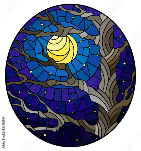 Illustration in stained glass style with autumn bare tree on a starry sky background and moon, oval image 