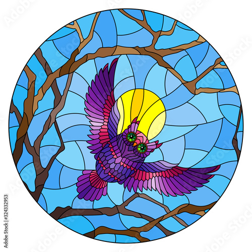 The illustration in stained glass style painting with the fabulous purple owl in the day sky and sun in between the branches of the tree, round image