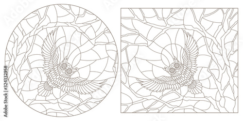 Set contour illustrations of stained glass with flying owls, dark contours on a light background