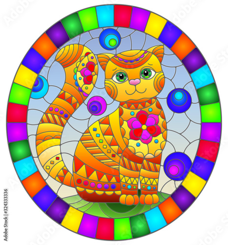 Illustration in stained glass style with abstract cute red cat on a blue background, oval image in bright frame