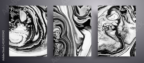 Abstract liquid placard, fluid art vector texture pack. Beautiful background that can be used for design cover, invitation, presentation and etc. White, black and grey creative surface template