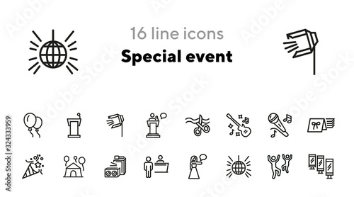 Special event line icon set. Concert, show, disco, dancing, invitation, ceremony. Holiday concept. Can be used for topics like celebration, music festival, party