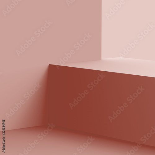 Fototapeta Naklejka Na Ścianę i Meble -  3d dusty pink stage podium scene minimal studio background. Abstract 3d geometric shape object illustration render. Display for cosmetic fashion product. Natural monochrome color tones.