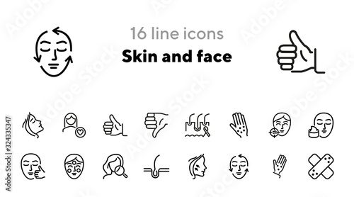 Skin and face line icon set. Woman, rash, hair follicle, cream, acne. Skin care concept. Can be used for topics like cosmetics, beauty salon, dermatology photo