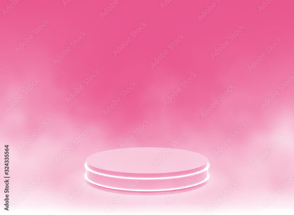 3d pink neon light cylinder podium minimal studio smoke background. Abstract 3d geometric shape object illustration render. Display for valentine day and technology product.