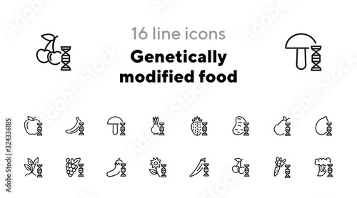 Genetically modified food line icon set. Strawberry, potato, banana. Food concept. Can be used for topics like harvest, farming, biotechnology