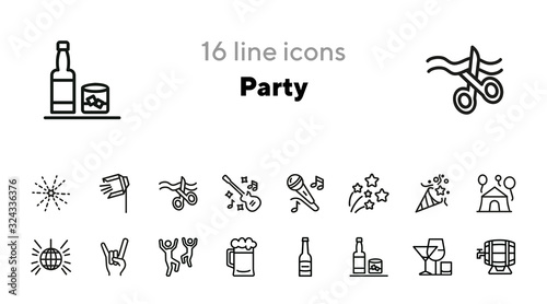 Party line icon set. Guitar, alcohol, dancing people. Holiday concept. Can be used for topics like celebration, music festival, concert