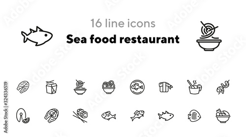 Sea food restaurant line icon set. Fish, rice, shrimp. Food concept. Vector illustration can be used for topics like food product, supermarket, restaurant