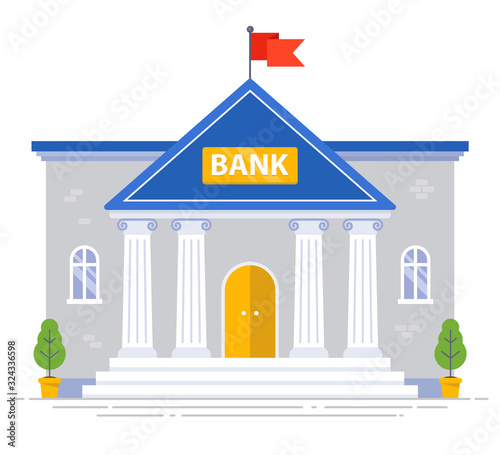 White bank building with columns and flag on the roof isolated. flat vector illustration