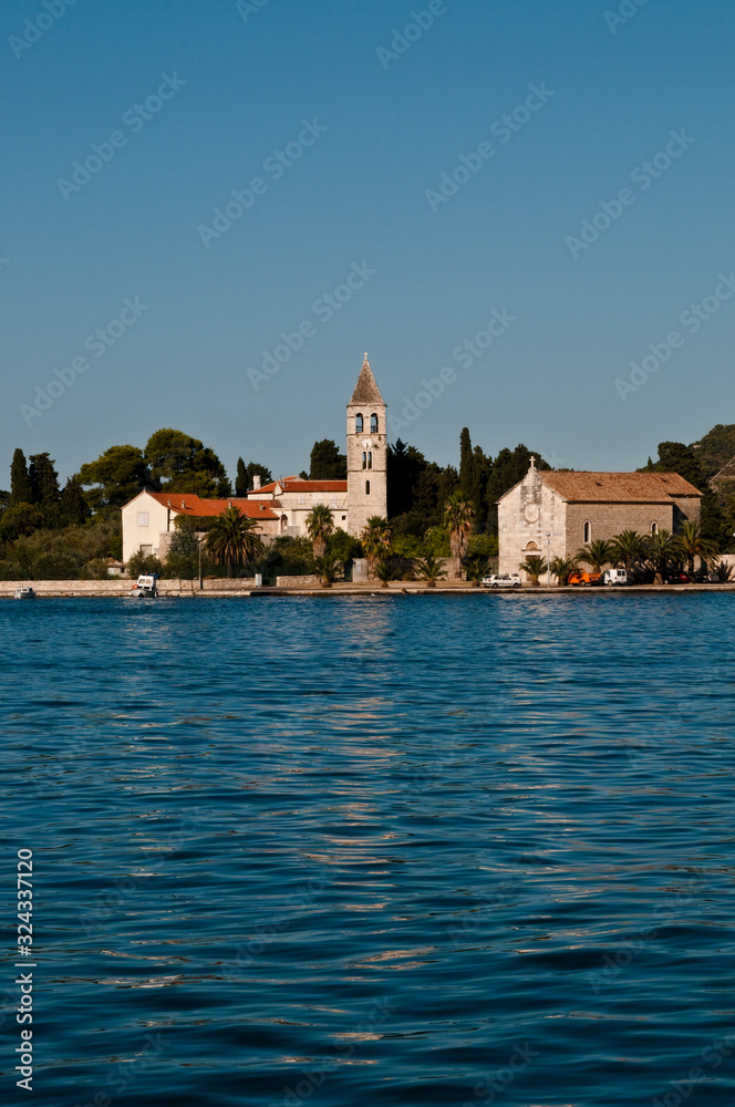 Vis harbour with the Monastery in distance, Dalmatia, Croatia
