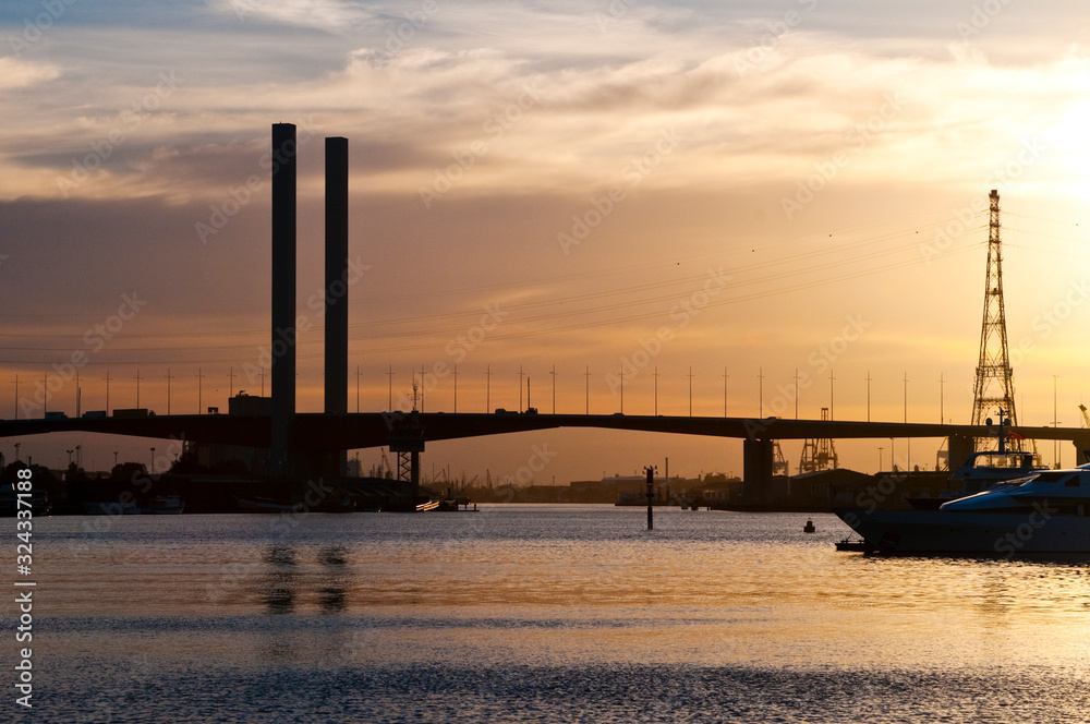Bridge in Victoria harbour at sunset, Melbourne, Victoria, Australia