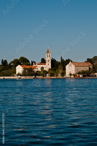 Vis harbour with the Monastery in distance, Dalmatia, Croatia