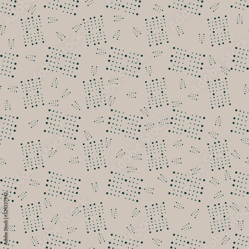 Seamless geometric dark green patterns of dots, rectangles on a beige background. Design for wrapping paper, textile, wallpaper, fabrics, decor, scrapbooking, banners