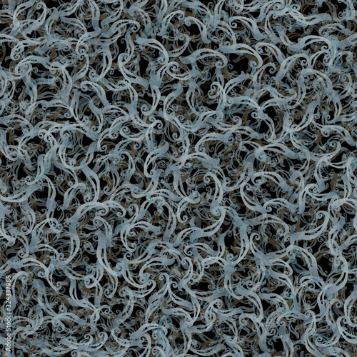 Seamless background with intricate multilayer wavy patterns. Translucent multicolored curls with a color gradient intertwined in a fancy futuristic complex twisted ornament