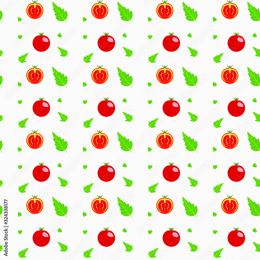 Pattern red tomatoes with leaves on a white background Pattern red tomatoes with leaves on a white background