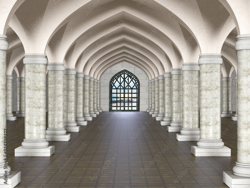 Vault Gallery with stone Colonnade 3D illustration 3D rendering