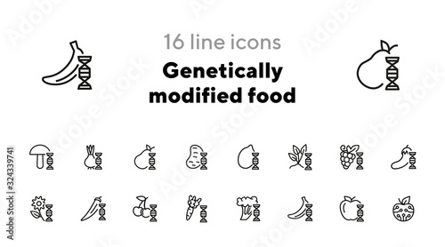 Genetically modified food line icon set. Improver berry, apple, carrot. Food concept. Can be used for topics like science, agriculture, harvest, farming