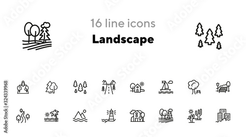 Landscape line icon set. Park, beach, street. Stroll concept. Can be used for topics like vacation, city, nature