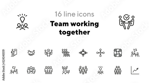 Team working together line icon set. Stack of hands, idea, flag. Teamwork concept. Can be used for topics like business, project, startup, success