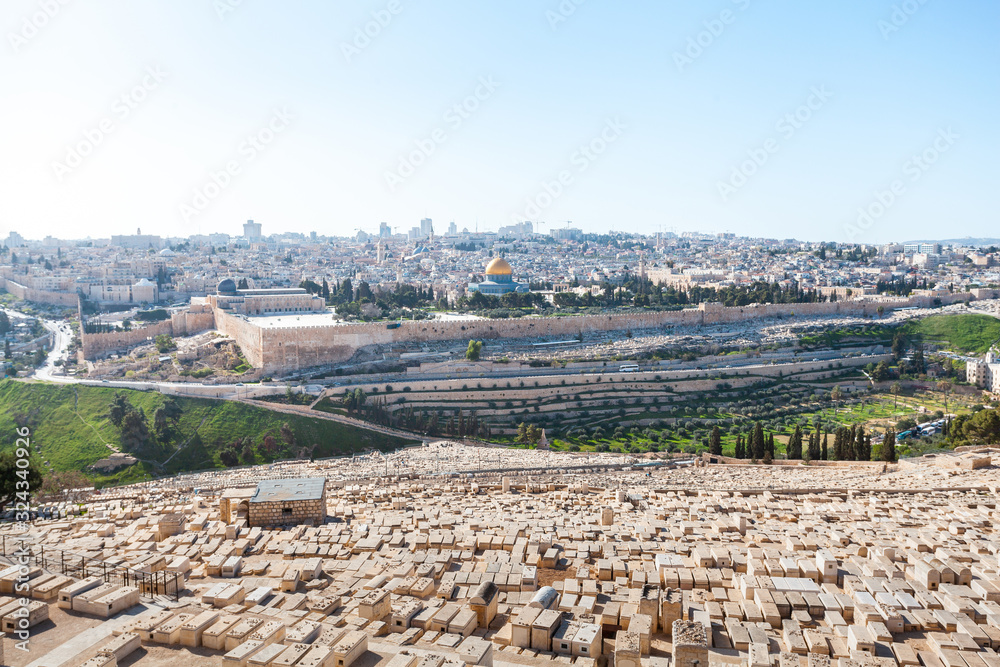Fototapeta premium View from the Mount of Olives to Dome of the Rock and the old city of Jerusalem, Israel