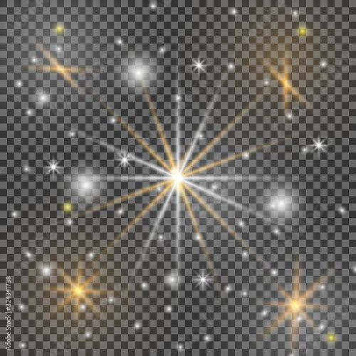 Shining set sun, bright flash or light explodes on a transparent background. Vector