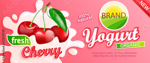 Cherry Yogurt label. Natural and fresh berries in milk splashes for your brand, logo, emblem, sticker. Organic and sweet dessert. Template for your design.Vector illustration.