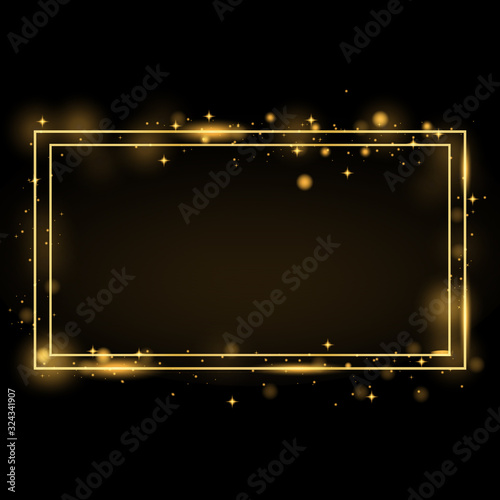 Golden frame with lights effects,Shining luxury banner vector illustration. Glow line golden frame with sparks and spotlight light effects. Shining rectangle banner isolated on black transparent