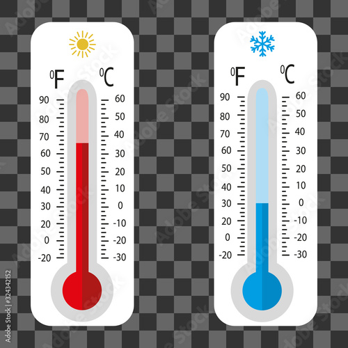 	 Celsius and fahrenheit meteorology thermometers measuring heat and cold, vector illustration. Thermometer equipment showing hot or cold weather.	