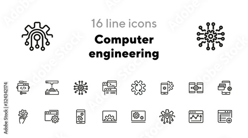 Computer engineering line icon set. Set of line icons on white background. Technology concept. Computer, machine, progress. Vector illustration for topics like technics, programming, computer