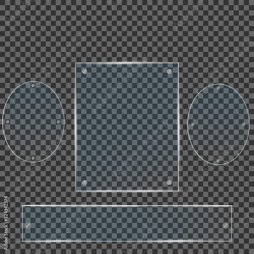 Glass plates are installed. Vector glass banners on a transparent background. Glass. Glass paintings. Color frames. Vector