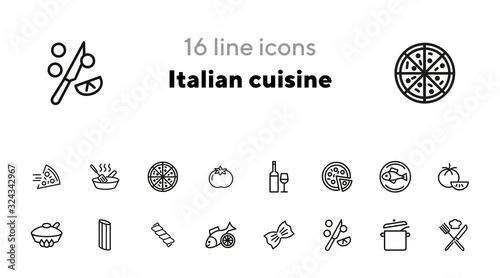 Italian cuisine line icon set. Wine, pizza, salmon. Food concept. Can be used for topics like healthy diet, restaurant menu, dinner, cooking