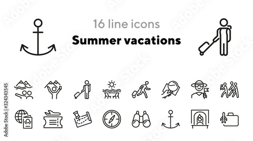 Summer vacations line icon set. Tourist, flight, adventure. Traveling concept. Can be used for topics like journey, voyage, recreation