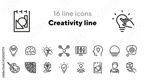 Creativity line icons. Set of line icons. Abstract component, artist, blueprint. Creativity concept. Vector illustration can be used for topics like skills, abilities