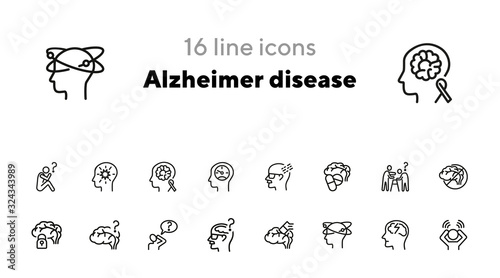 Alzheimer disease line icon set. Brain, bad memory, pills. Health concept. Can be used for topics like mental disorder, senility, symptoms