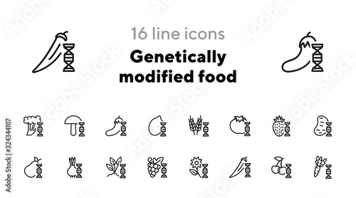 Genetically modified food line icon set. Gene, grain, fruit, vegetables. Food concept. Can be used for topics like genetics, agriculture, GM food