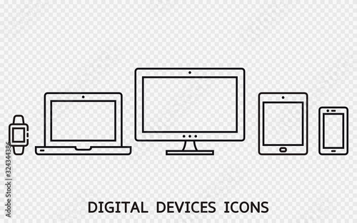 Responsive web design icons. Monitor, laptop, tablet pc, smartphone, smart watch. Isolated on transparent background