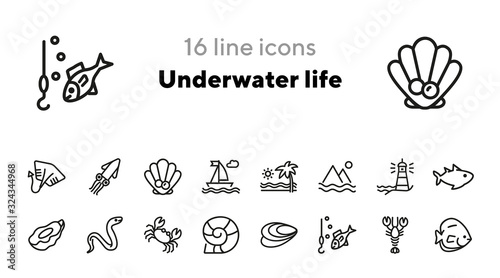 Underwater life line icon set. Fish, crab, seascape. Nature concept. Can be used for topics like sea, ocean life, vacation, fishing, scuba diving