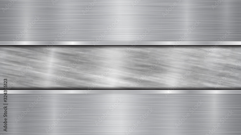Background in silver and gray colors, consisting of a shiny metallic surface and two horizontal polished plates located above and below, with a metal texture, glares and burnished edges Background in silver and gray colors, consisting of a shiny metallic surface and two horizontal polished plates located above and below, with a metal texture, glares and burnished edges