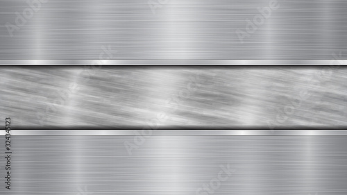 Background in silver and gray colors, consisting of a shiny metallic surface and two horizontal polished plates located above and below, with a metal texture, glares and burnished edges