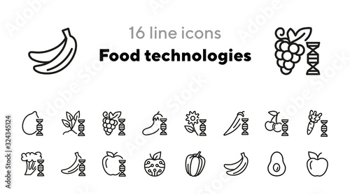 Food technologies line icon set. Sprout, fruit, dna spiral, vegetables. Food concept. Can be used for topics like genetics, biotechnology, food industry
