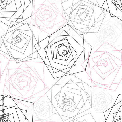 abstract floral geometric seamless pattern with black and pink thin lines sophisticated flowers silhouettes on white background, editable vector illustration for print, decoration, fabric, textile, wa