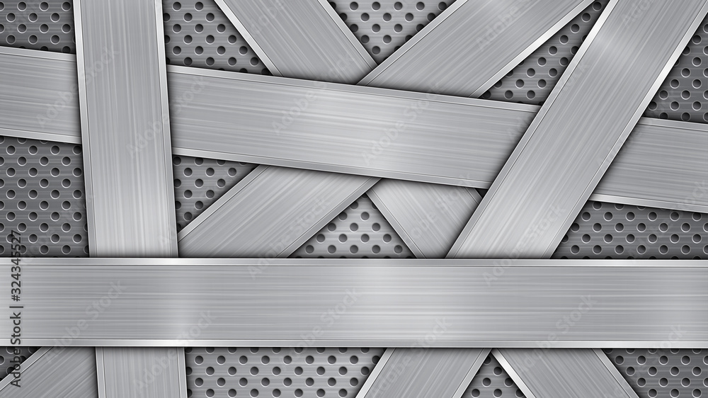 Background in silver and gray colors, consisting of a perforated metallic surface with holes and several randomly arranged intersecting polished plates with a metal texture, glares and shiny edges