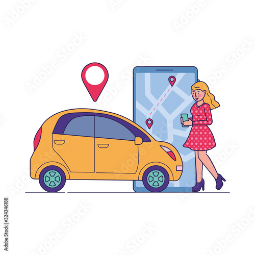 Female driver using car sharing service. Woman searching taxi or transport for rent with map location app. Vector illustration for transfer, transportation, urban, application concept