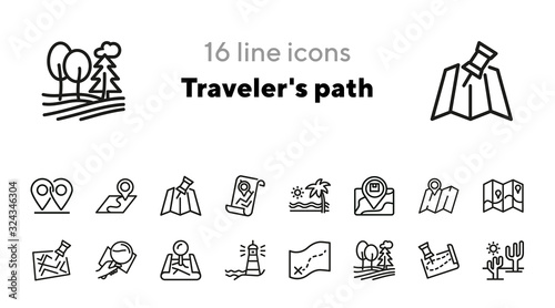 Traveler's path icons. Set of line icons. Forest, itinerary line, relocation. Travelling concept. Vector illustration can be used for topics like travelling, journey