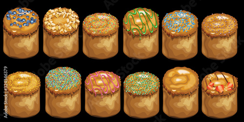 Set of Easter cakes with toppings. Traditional Easter holiday baked food. Vector Illustration