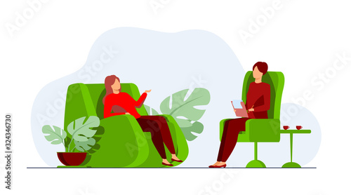 Woman visiting psychologist office. Patient sitting in armchair and talking to psychiatrist. Vector illustration for therapy session, psychotherapy counseling concept