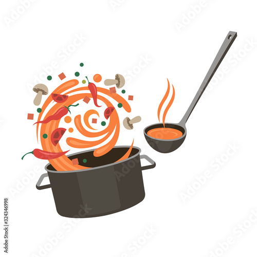 cooking process of soup on saucepan isolated on white background